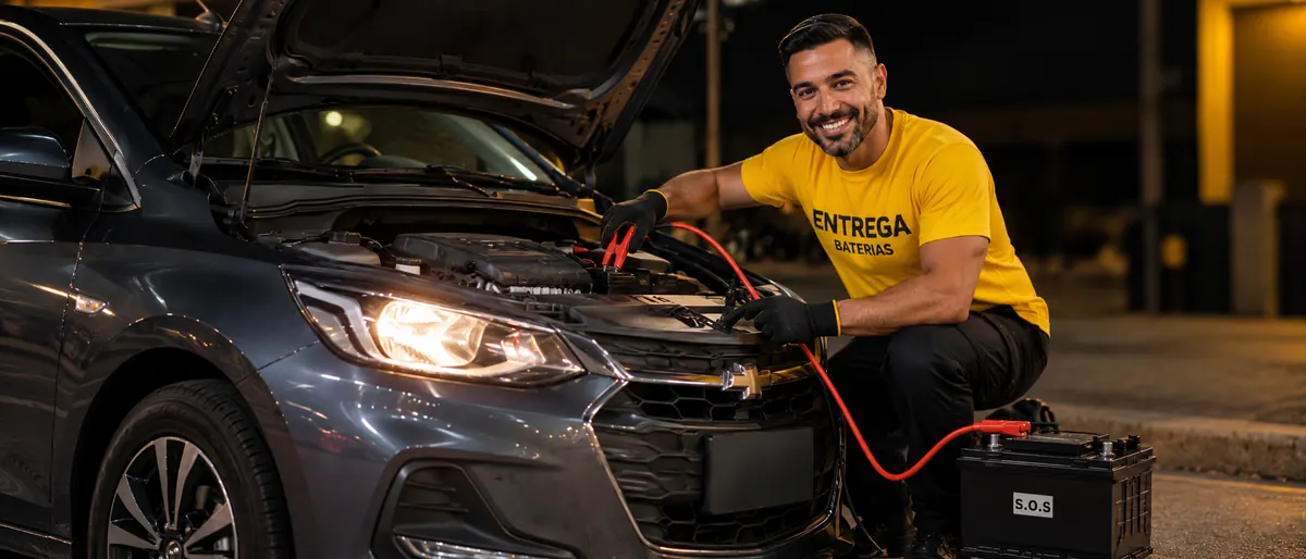 Técnico da Entrega Baterias fazendo transferência de carga em um carro à noite
